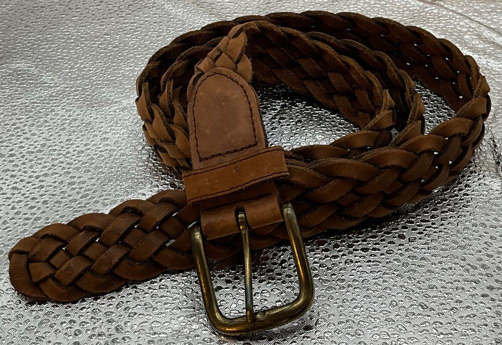 8542 Unisex Woven Braided Genuine Leather Belt Sz 38/95 Brass Buckle Adjustable